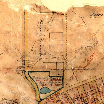 The swampy area of Boundary Creek, Milton, as depicted in 1850. The area was first used as a cemetery, and is now Suncorp Stadium.