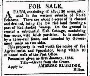 An adverstisement placed in The Brisbane Courier by Ambrose Eldridge in 1855.