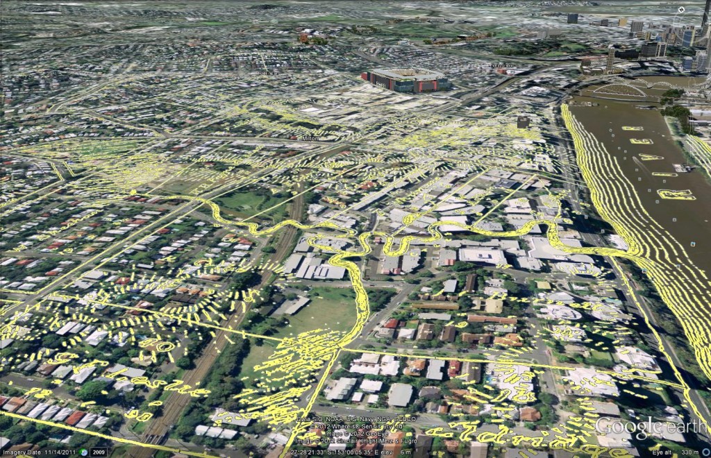 Looking over Western Creek (as depicted in 1859) towards Suncorp Stadium and the city. In the immediate foreground is Dunmore Park.