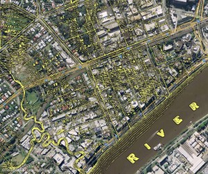 The Milton area, as depicted on a map from 1859 as depicted on a map from 1859 (Queensland State Archives, Item ID620656), overlaid on Google Maps.