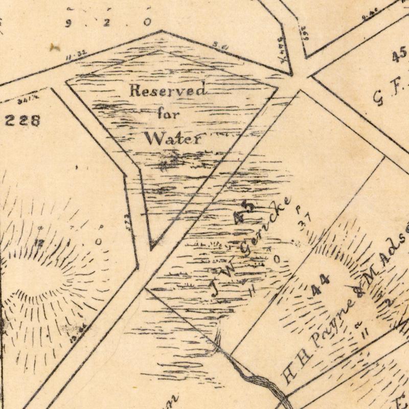 Present-day Gregory Park depicted on the 1859 map "Plan of Portions 203 to 257 in the Environs of Brisbane, Parish of Enoggera, County of Stanley, New South Wales. 8 chains to the inch. Surveyor General's Office, Sydney" (Queensland State Archives Item ID620656)
