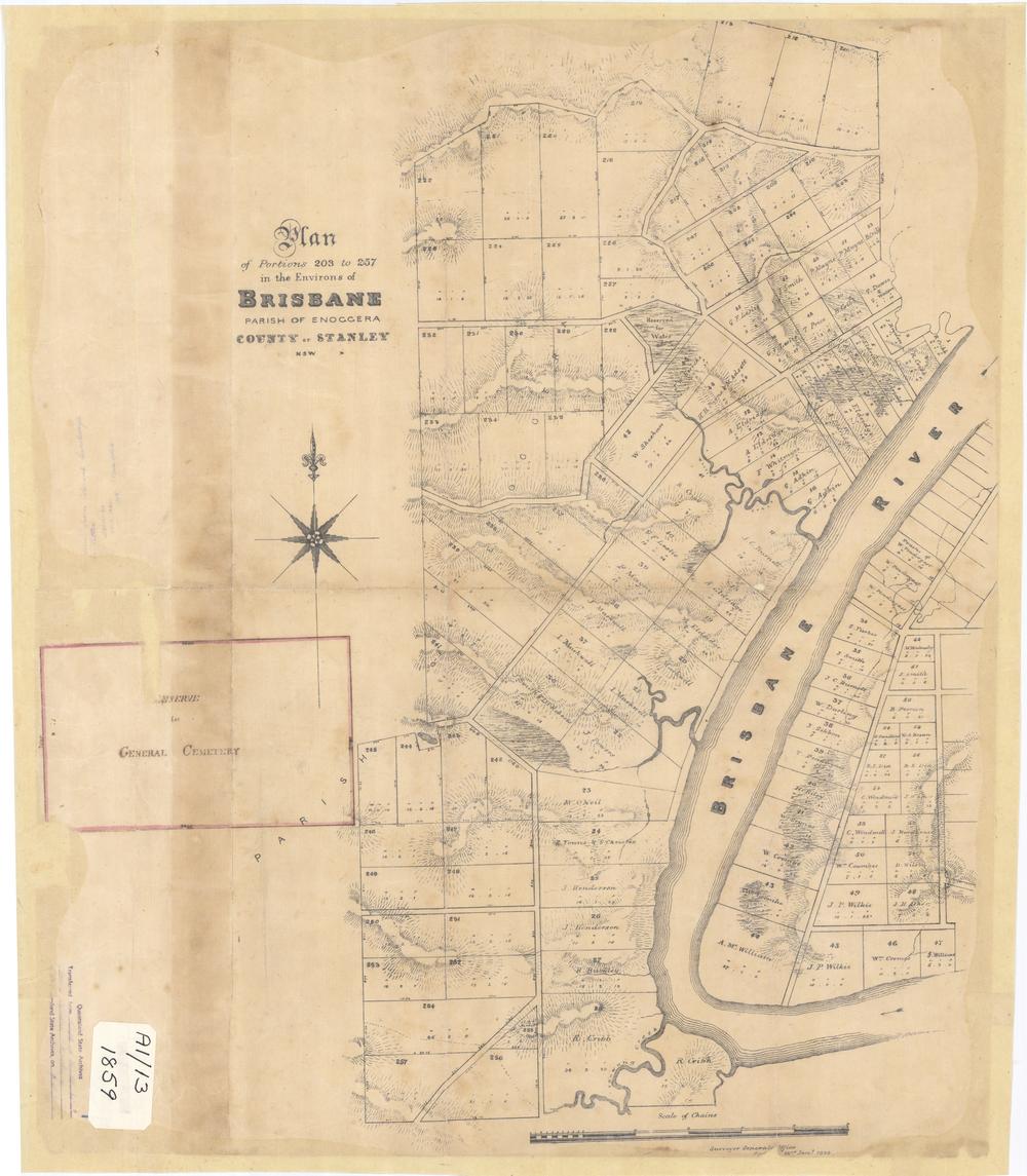 Plan of Portions 203 to 257 in the Environs of Brisbane, Parish of Enoggera, County of Stanley, New South Wales', 1859. (Queensland State Archives Item ID620656)