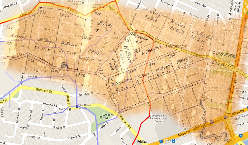Overlay of a map from 1864 and a screenshot from Google Maps