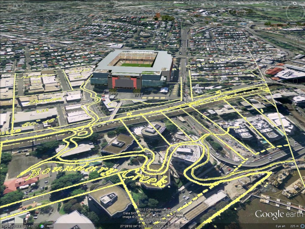 Boundary Creek as depicted in 1864. In the foreground is the Coronation Drive Office Park, and behind it is Suncorp Stadium.