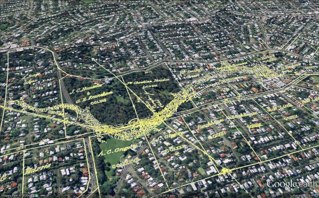 The course of Western Creek through Norman Buchan Park, Fernberg and Rosalie, as depicted in 1864.