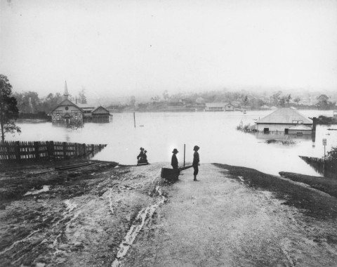 Milton Congregational Church and Milton Primary School under flood, 1890. (State Library of Queensland, Negative no. 91945)