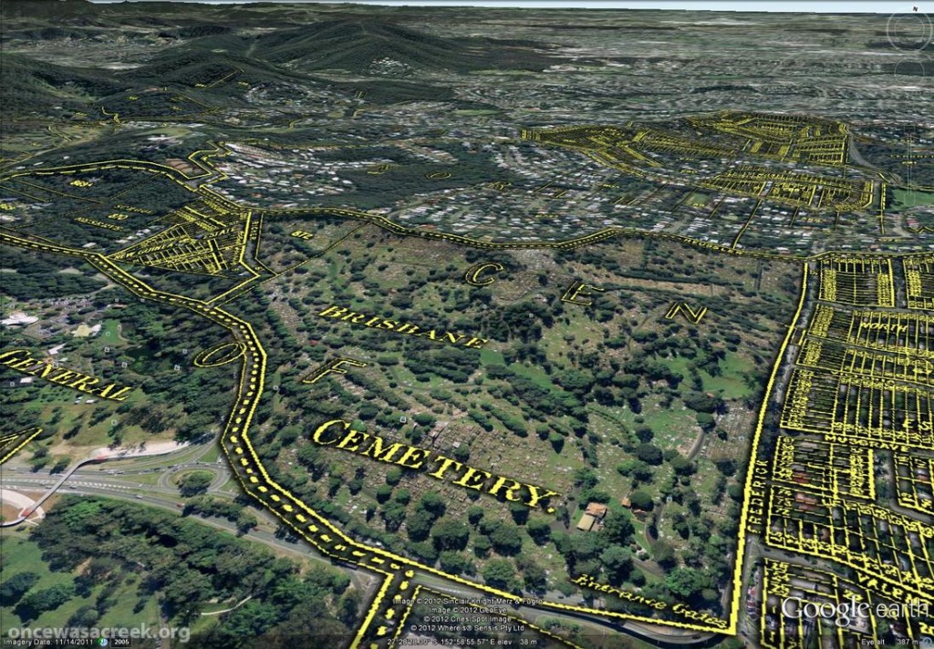 The Toowong Cemetery as depicted on McKellar’s 1895 map. Further in the distance are the Lizzy Lee, Soudan and Rose Hill estates.