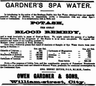 An ad for Gardner's Spa Water in The Brisbane Courier, 15 May 1901 