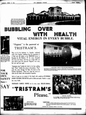 An advertisement for Tristram's Soft Drinks in The Brisbane Courier, 4 April 1933.