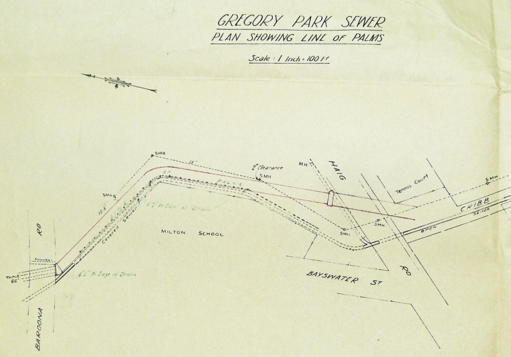 A sketch attached to a memo describing an estimate of a new covered drain through Gregory Park. (Brisbane City Council, Gregory Park, Brisbane - file relating to declaration of, 1928-1940. Brisbane City Council Archives.)