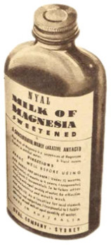 A bottle of Nyal Milk of Magnesia, depicted in an ad in the Women's Weekly in 1949