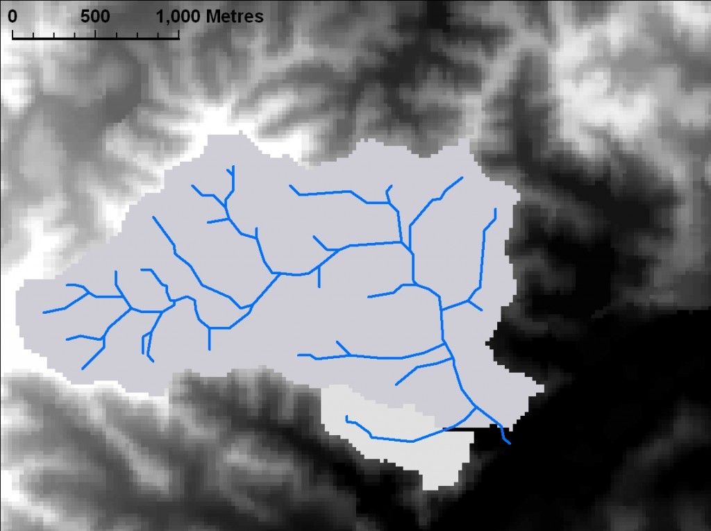 The catchment area for Western Creek, as calculated by ArcMap based on the DEM and derived flow information.