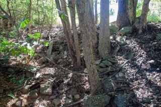 The northern bank of the creek is full of rubble, suggesting that the land has been filled in.