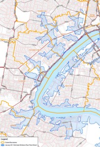 The 2011 floodline along the Crescent Reach (Brisbane City Council interim flood level maps)