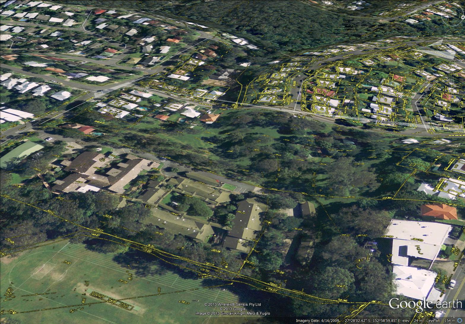 The path of Western Creek from Couldrey Street to Rainworth State School, showing features from the City Council's 'Detail Plans' from the 1940s.