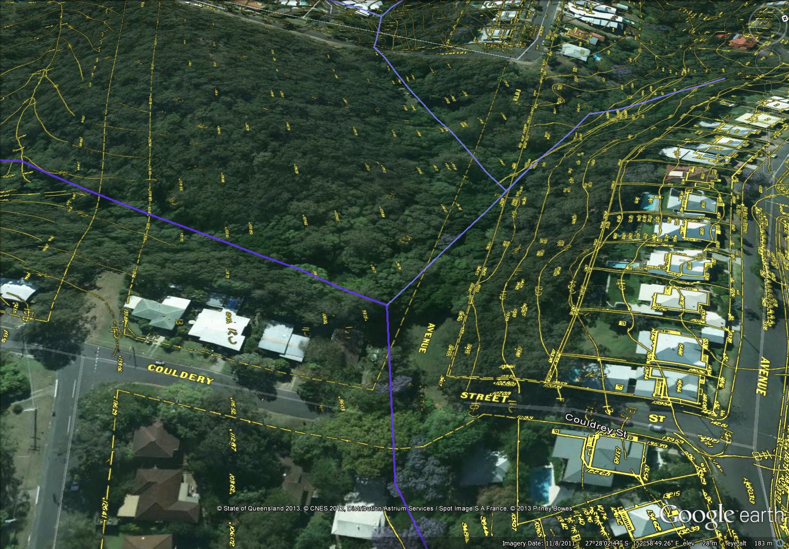 The path of Western Creek through the bushland above Couldrey Street, showing features from the City Council's 'Detail Plans' from the 1940s-1960s.