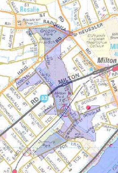 The predicted extend of flooding in Milton on 29-30th January 2013 (from the Brisbane City Council's flood map).