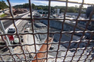 A view of the Legacy Way construction site from the pedestrian overpass.