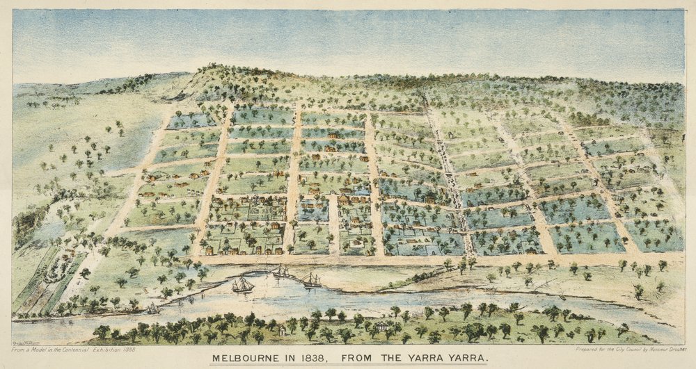 Melbourne in 1838, painted (apparently from a model) by Clarence Woodhouse (1852-1931).