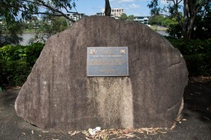 The monument at Milton commemorating John Oxley's landing. The text reads: On 28 September 1824, Lieutenant John Oxley, Surveyor-General of New South Wales, landed hereabouts to obtain fresh water from a nearby stream declaring it to be "by no means an ineligible station for a first settlement up the river".