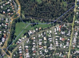 Aerial view of the creek across Norman Buchan Park and the bottom of the Fernberg property