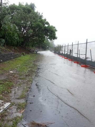 The river spills onto the bike track, just downstream of Lang Parade.