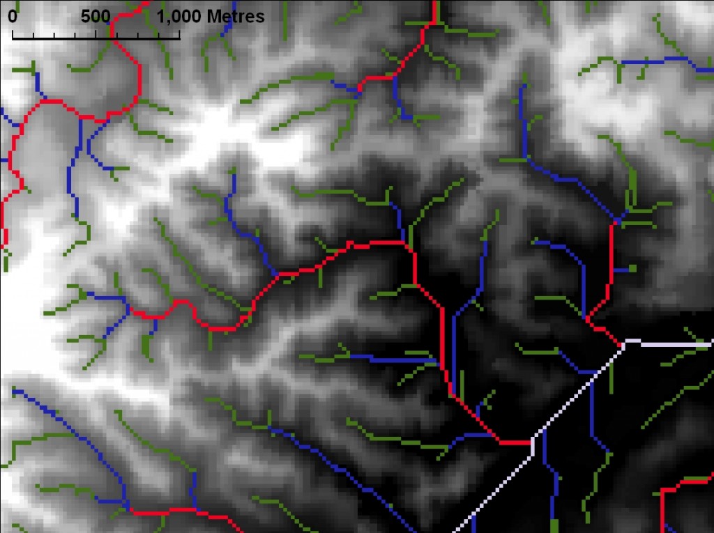 Streams identified using the Stream Order tool in ArcMap.