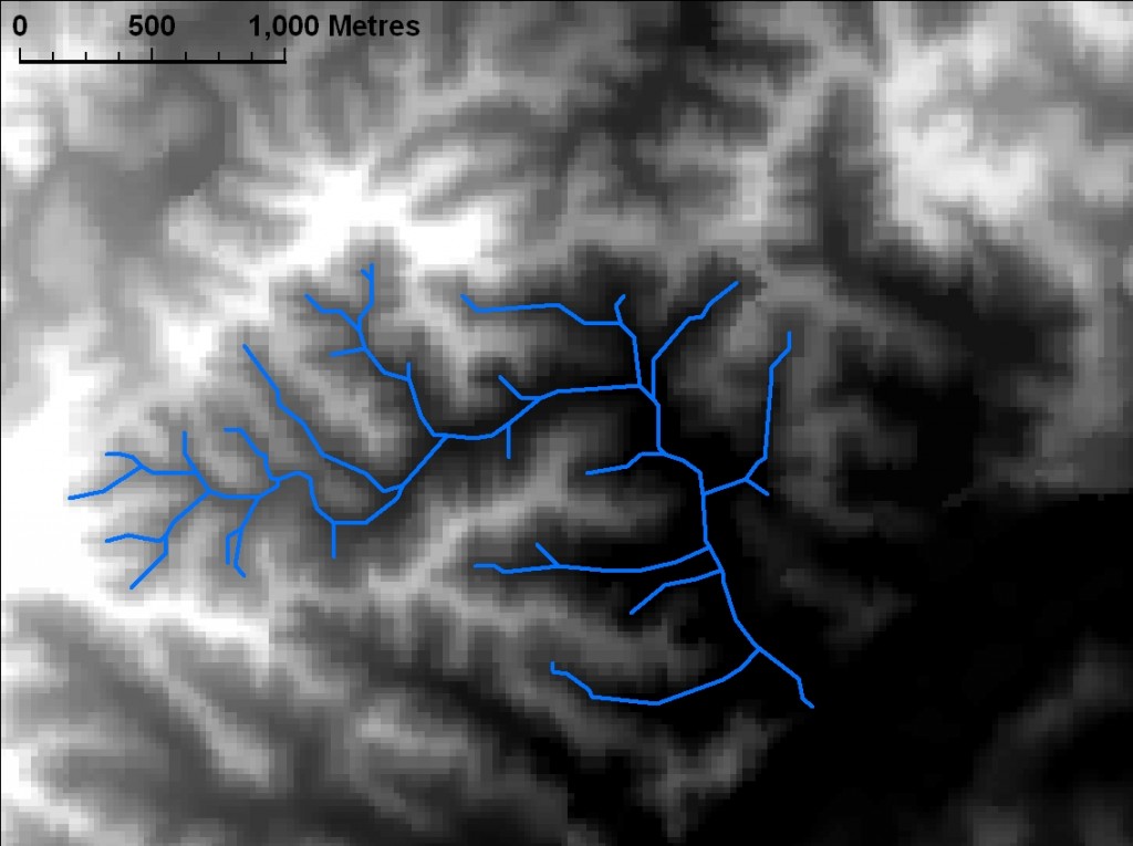 The streams of Western Creek represented as vectors over the digital elevation model